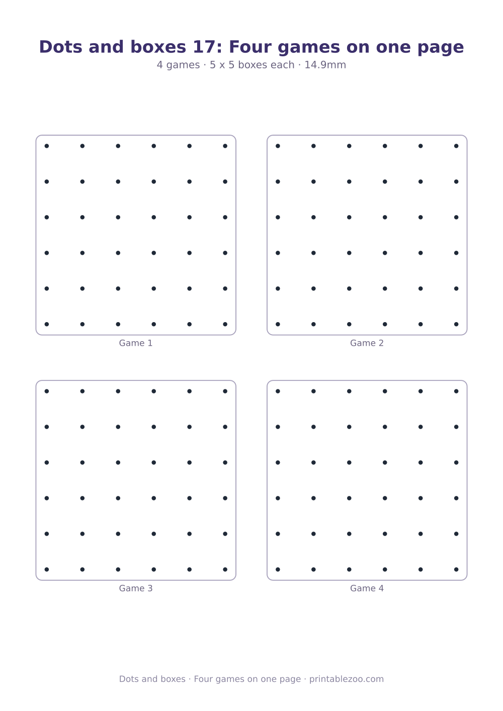 Printable dots and boxes sheet with 4 games on one page, four games on one page