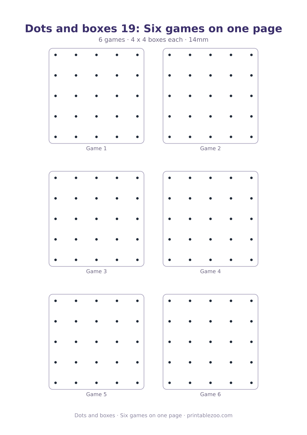 Printable dots and boxes sheet with 6 games on one page, six games on one page
