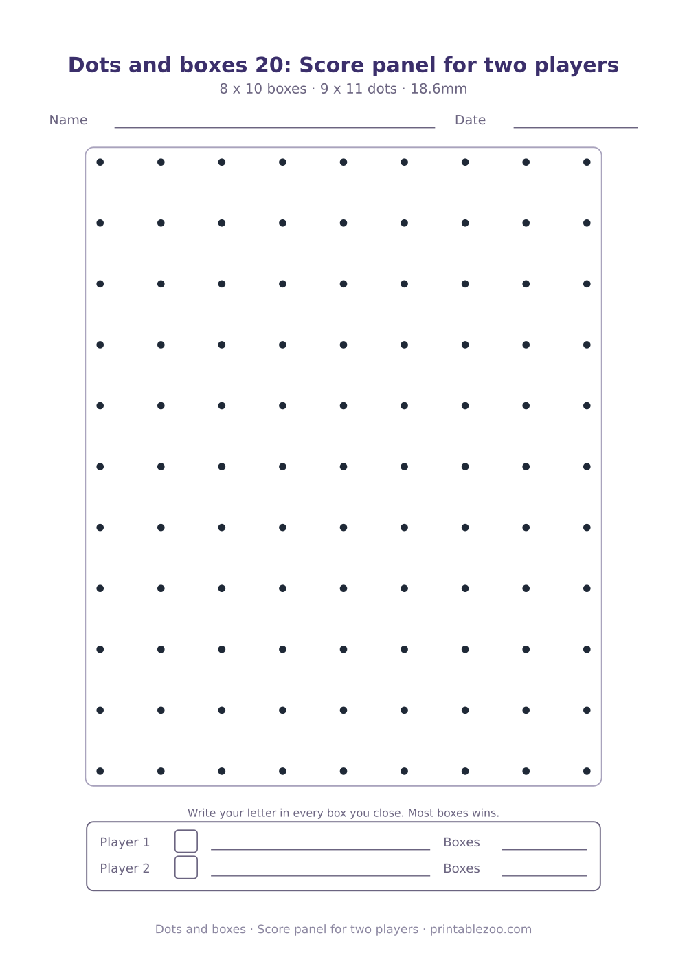 Printable dots and boxes sheet with a score panel for 2 players, score panel for two players
