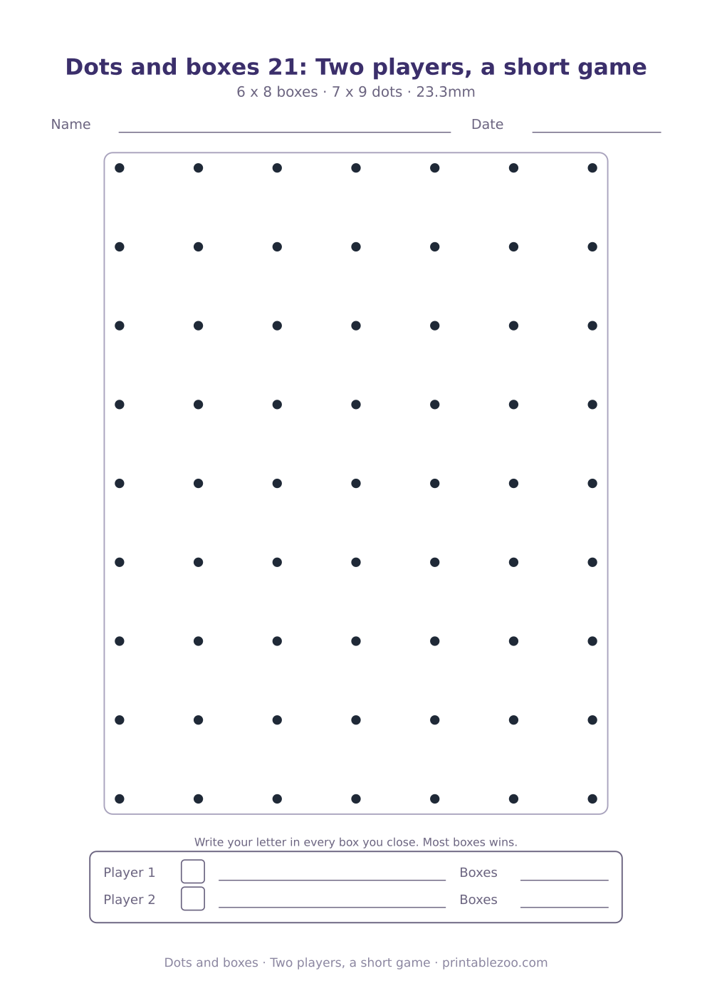 Printable dots and boxes sheet with a score panel for 2 players, two players, a short game