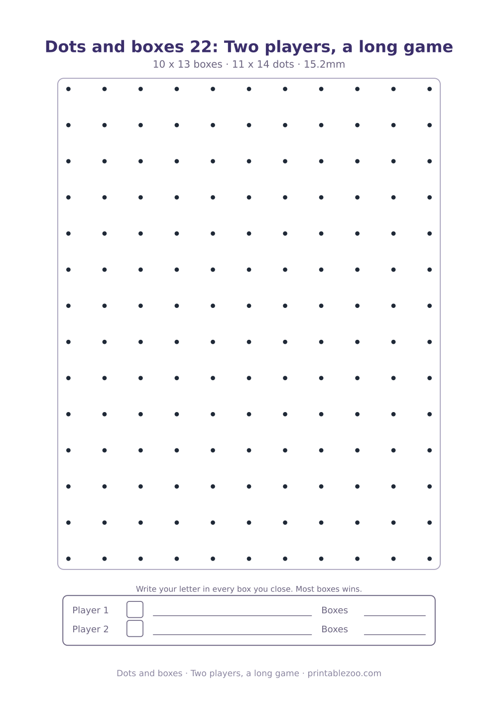 Printable dots and boxes sheet with a score panel for 2 players, two players, a long game