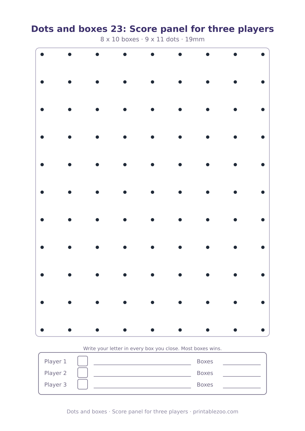 Printable dots and boxes sheet with a score panel for 3 players, score panel for three players