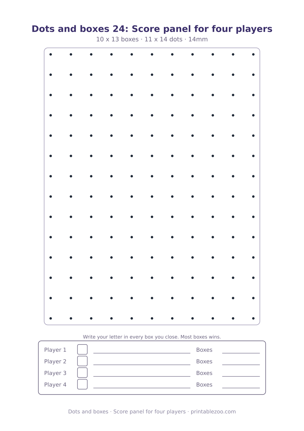 Printable dots and boxes sheet with a score panel for 4 players, score panel for four players