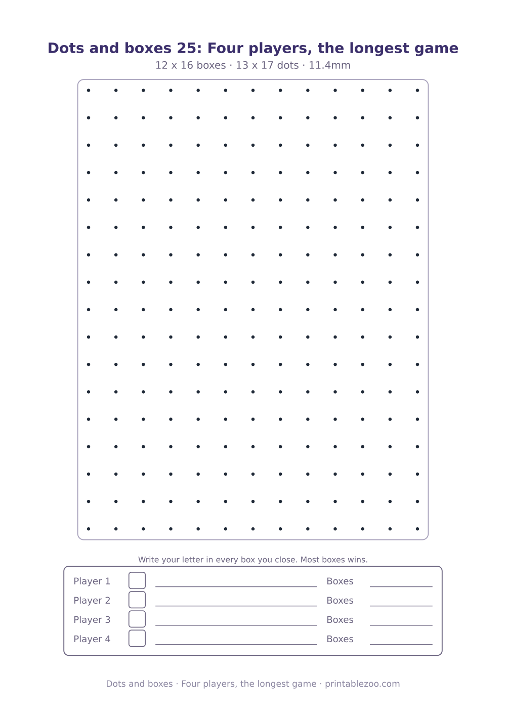 Printable dots and boxes sheet with a score panel for 4 players, four players, the longest game