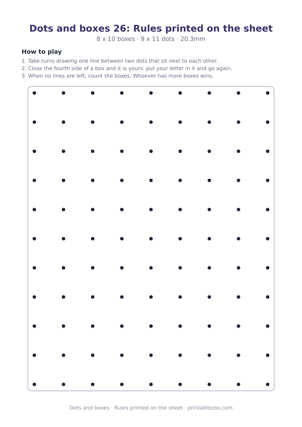 Printable dots and boxes rules sheet with a 80 box grid, rules printed on the sheet