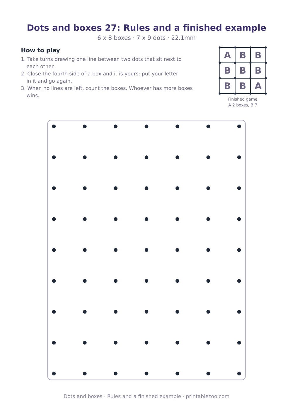 Printable dots and boxes rules sheet with a 48 box grid, rules and a finished example