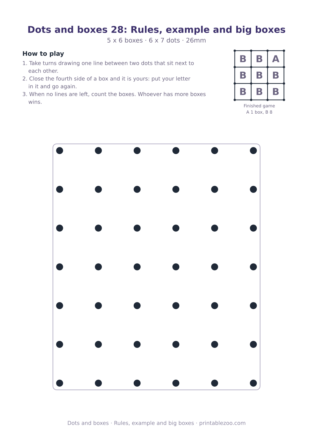 Printable dots and boxes rules sheet with a 30 box grid, rules, example and big boxes