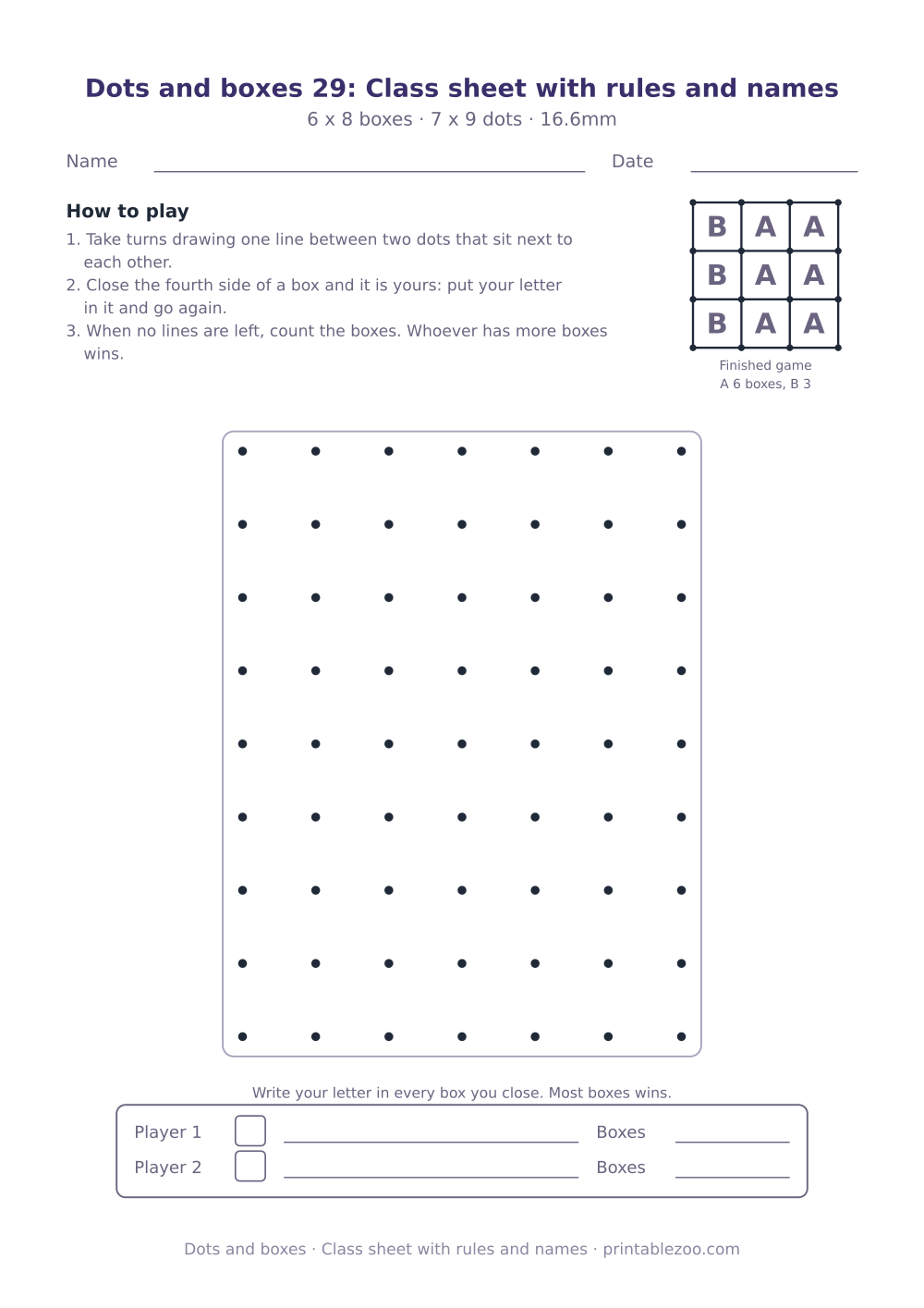 Printable dots and boxes rules sheet with a 48 box grid, class sheet with rules and names