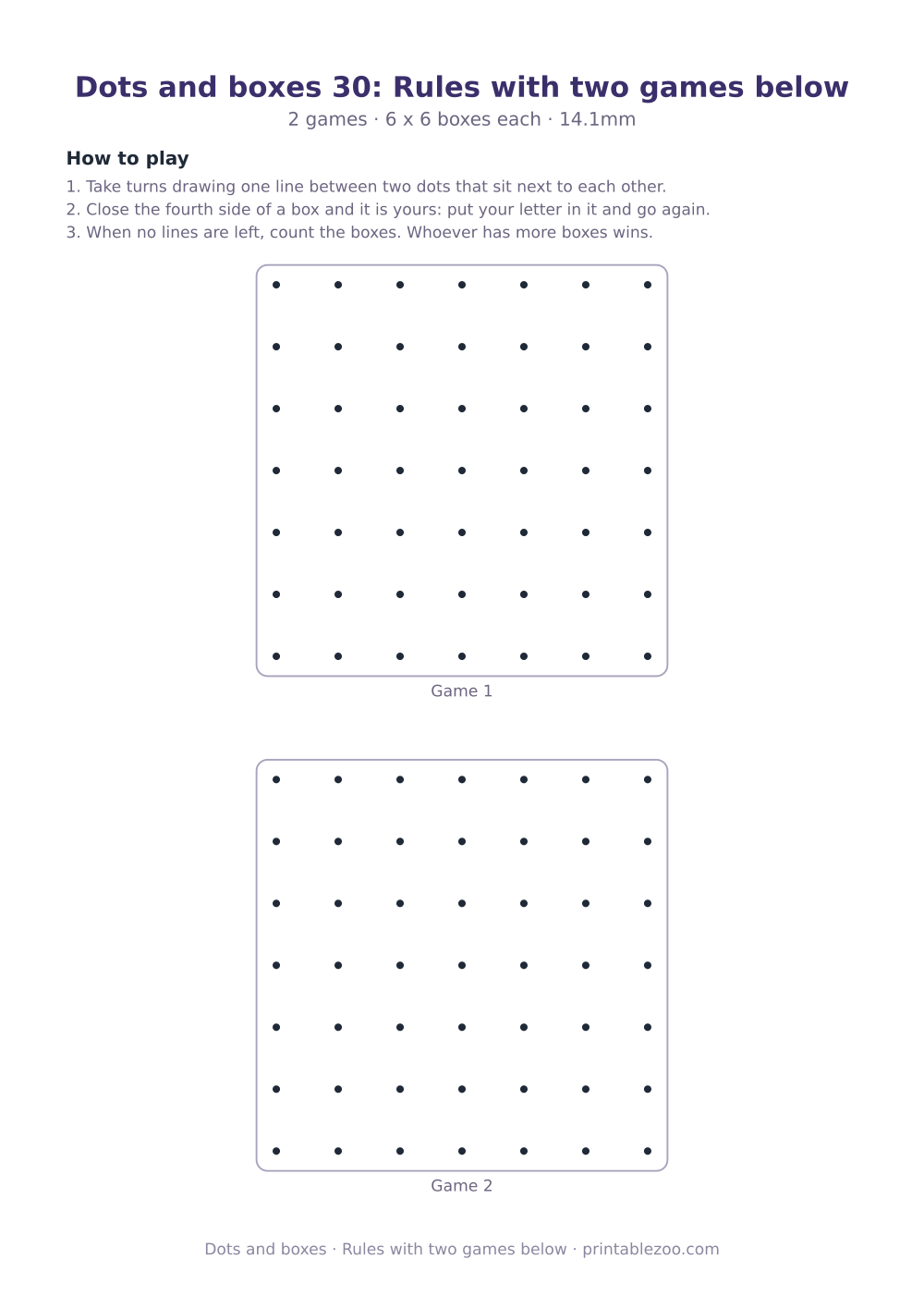Printable dots and boxes rules sheet with a 36 box grid, rules with two games below