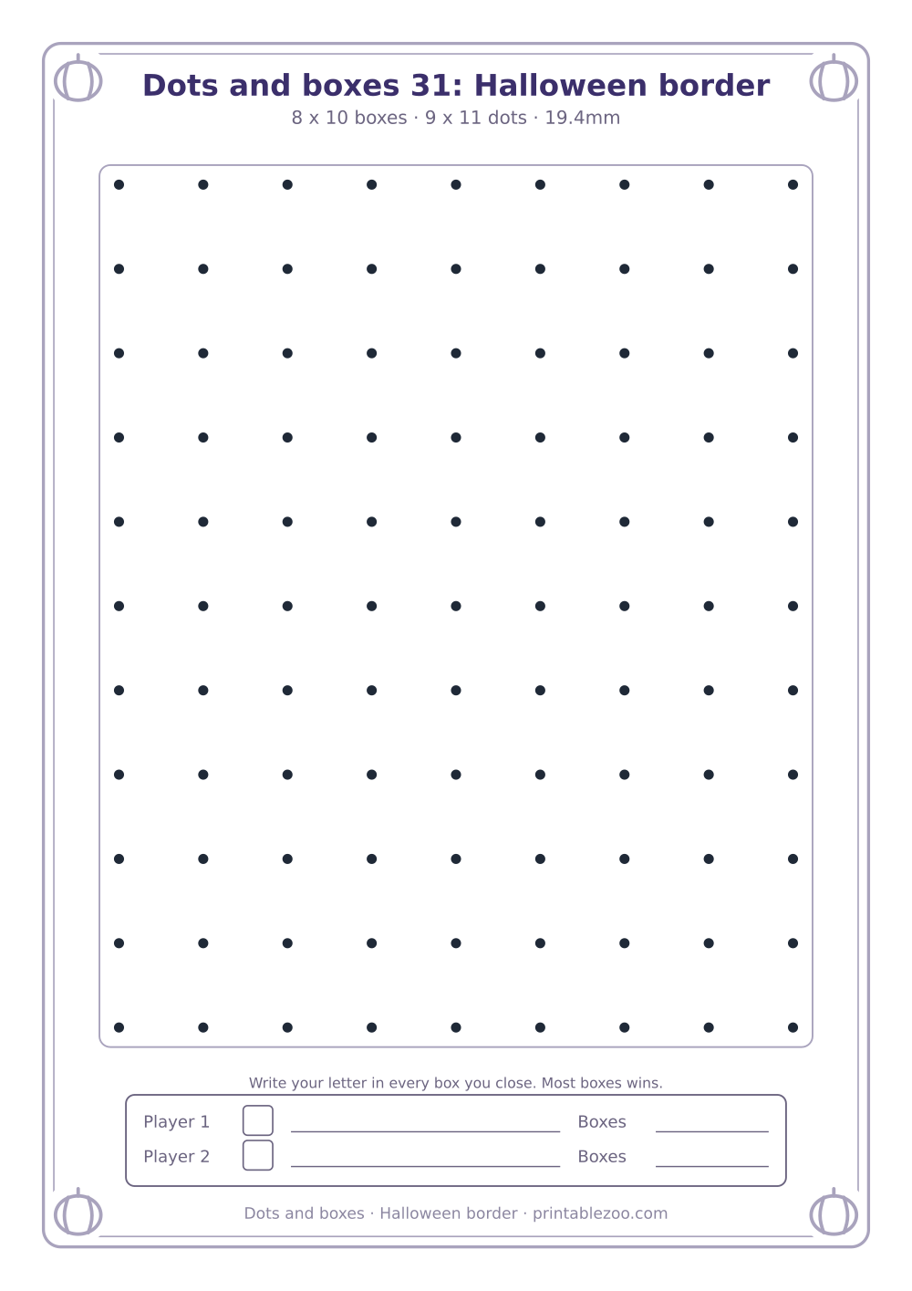Printable dots and boxes with a pumpkins border, 80 box grid, halloween border