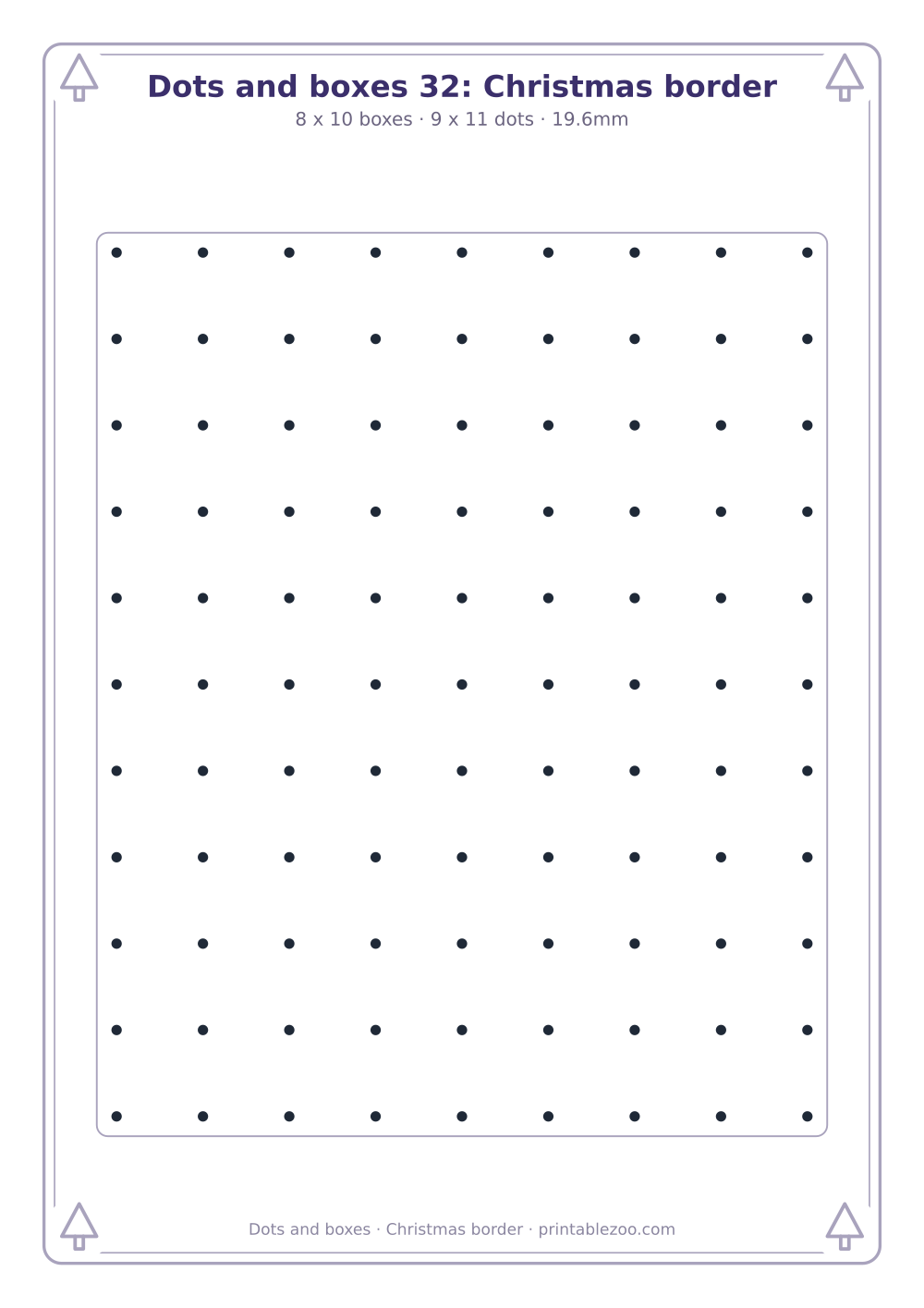 Printable dots and boxes with a trees border, 80 box grid, christmas border