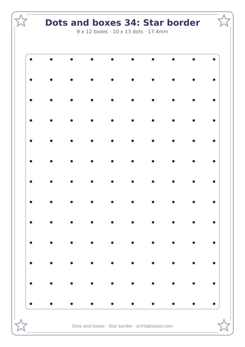 Printable dots and boxes with a stars border, 108 box grid, star border