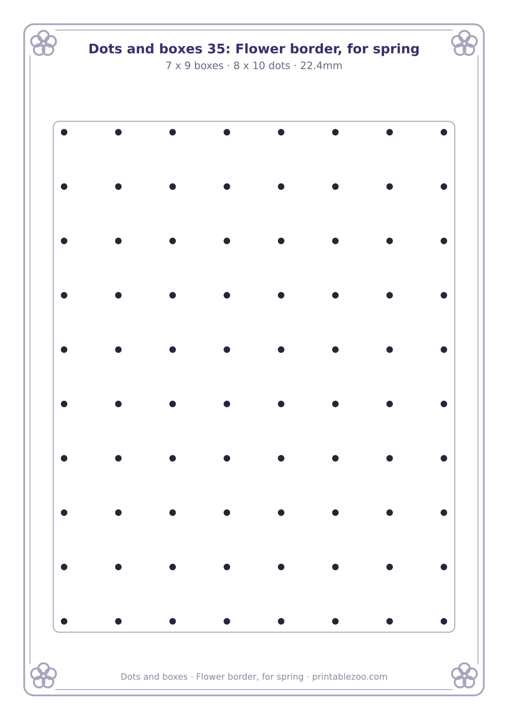 Printable dots and boxes with a flowers border, 63 box grid, flower border, for spring