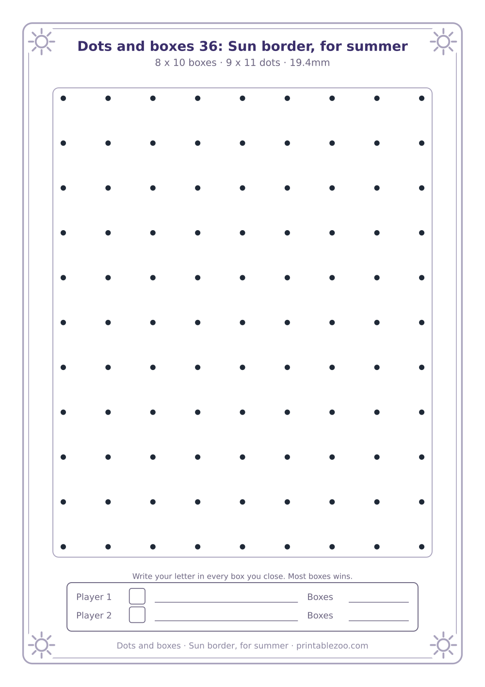 Printable dots and boxes with a suns border, 80 box grid, sun border, for summer