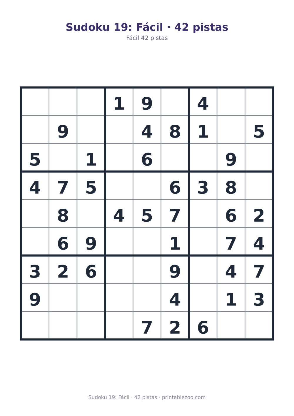 Prévia pronta para imprimir: Sudoku 19: Fácil · 42 pistas, catálogo nº 210219