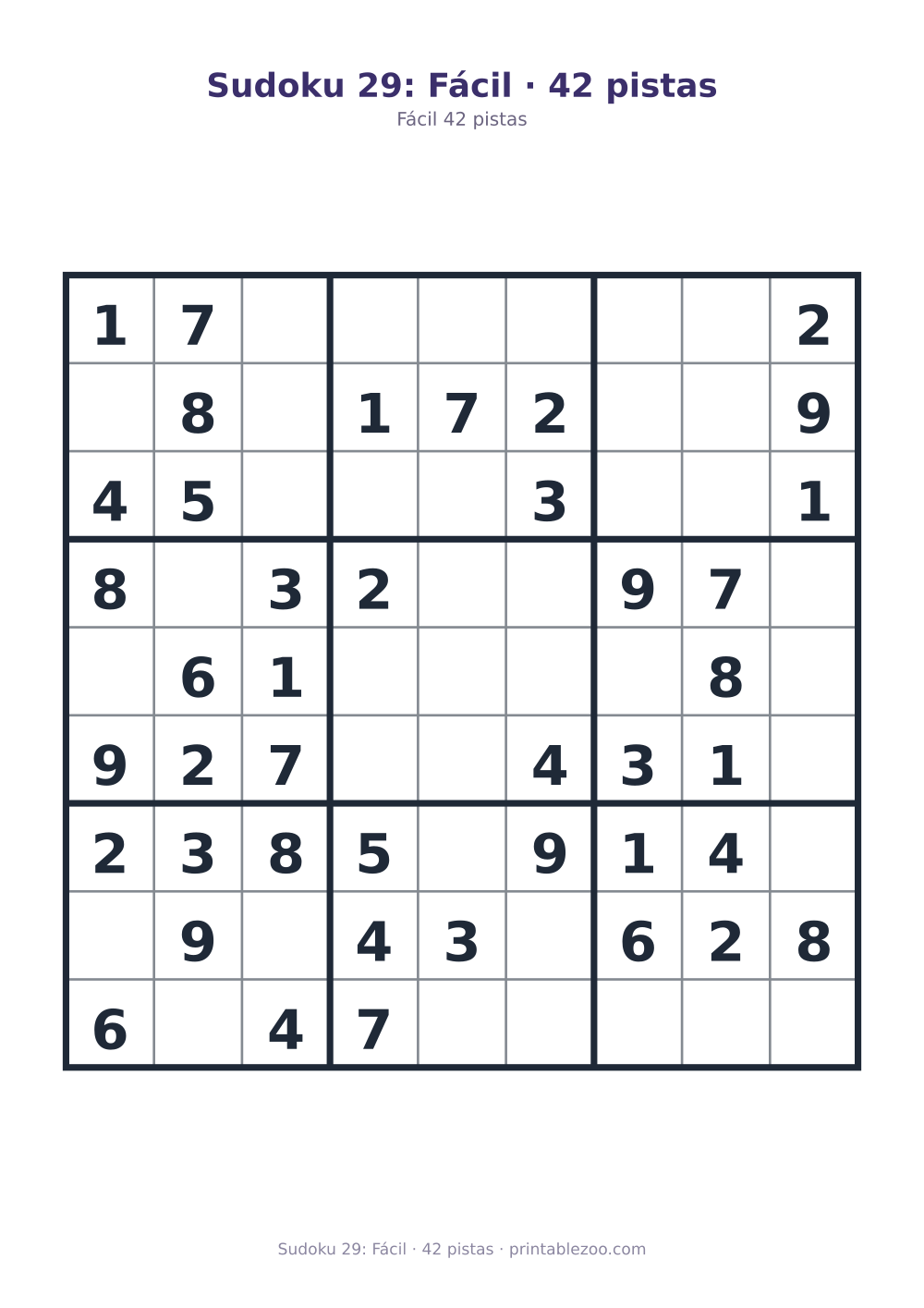 Prévia pronta para imprimir: Sudoku 29: Fácil · 42 pistas, catálogo nº 210229
