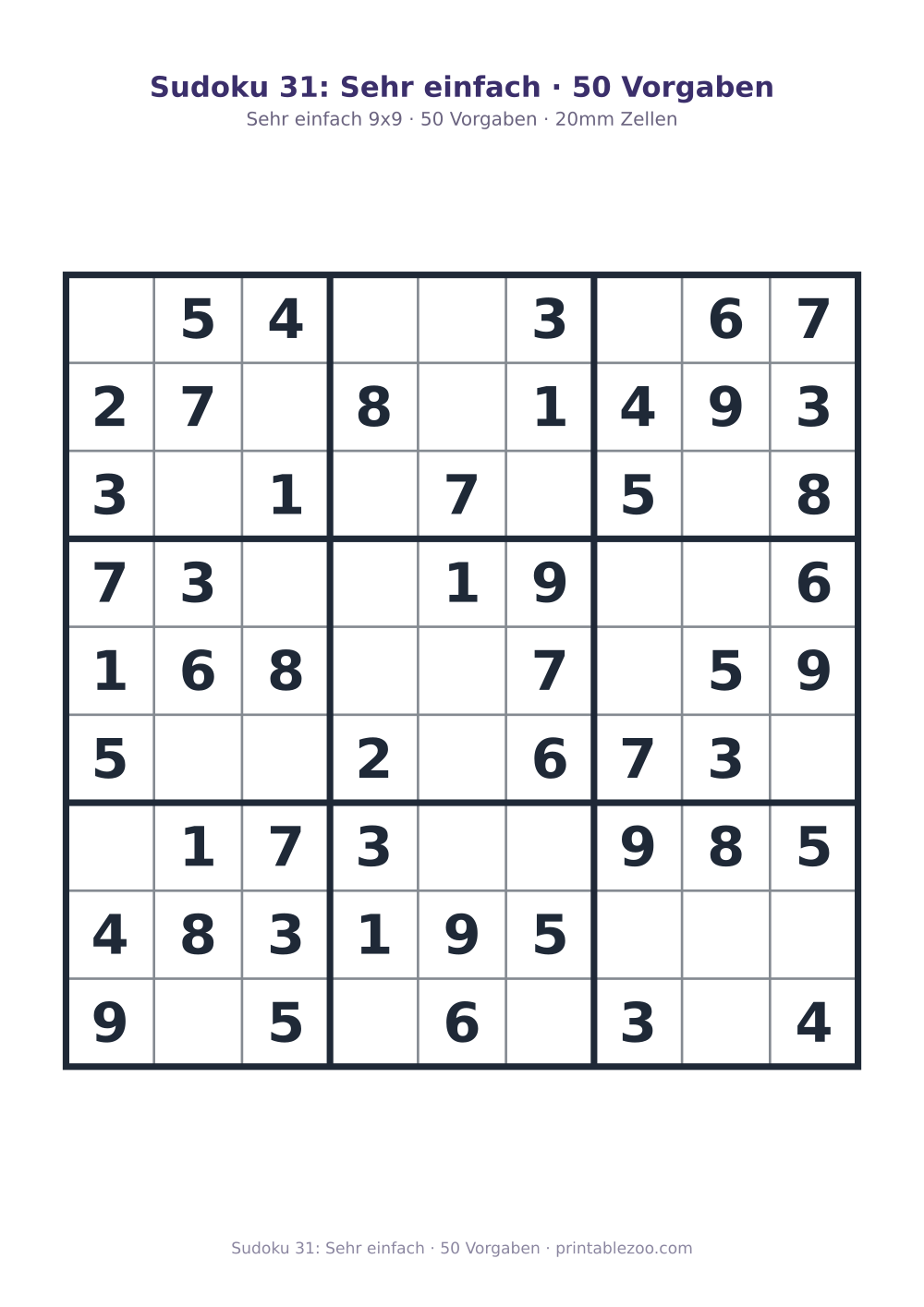 Sudoku 31: Sehr einfach · 50 Vorgaben als druckfertige Vorschau, Katalognummer 240101