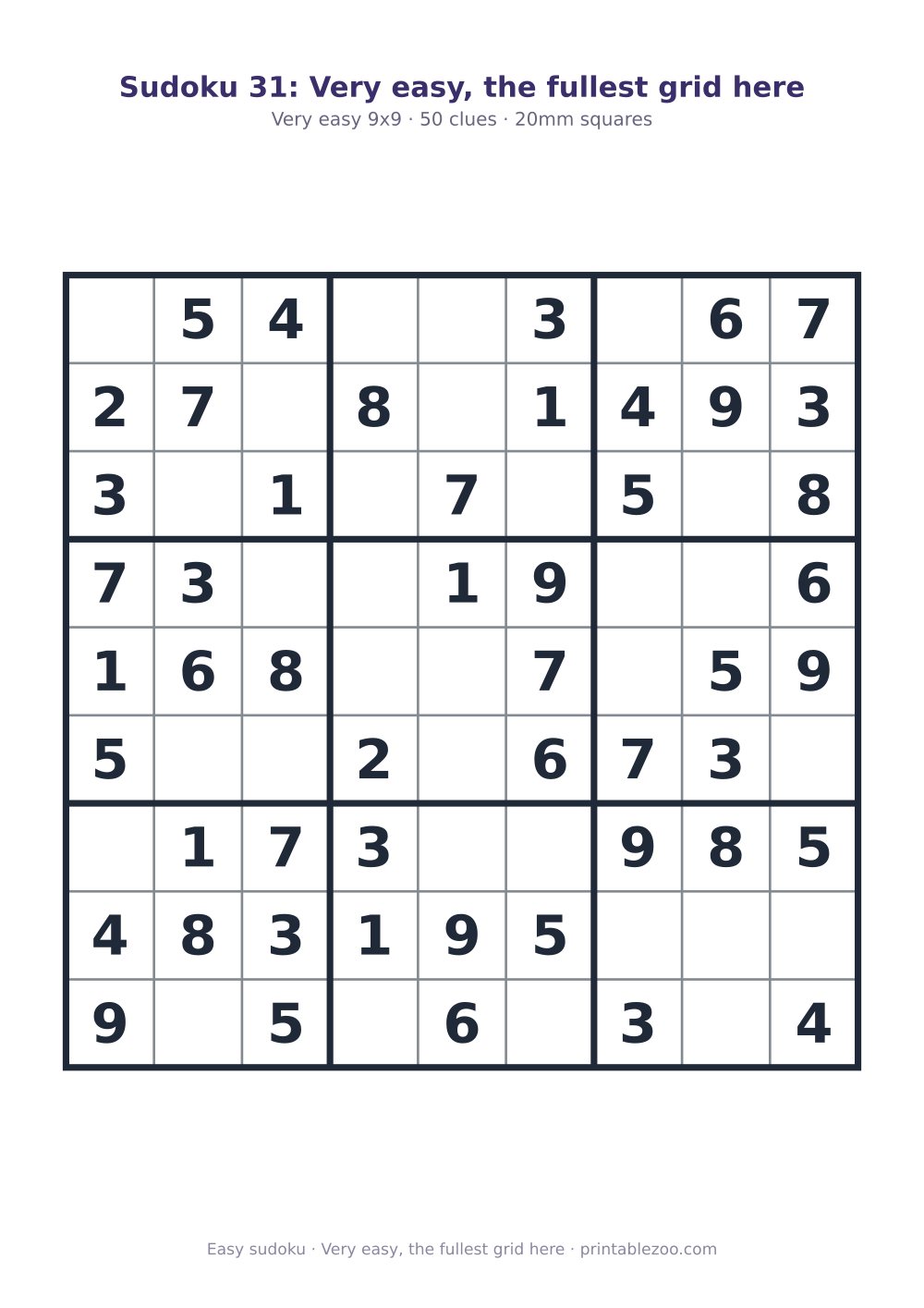 Printable easy 9x9 sudoku with 50 clues, very easy, the fullest grid here