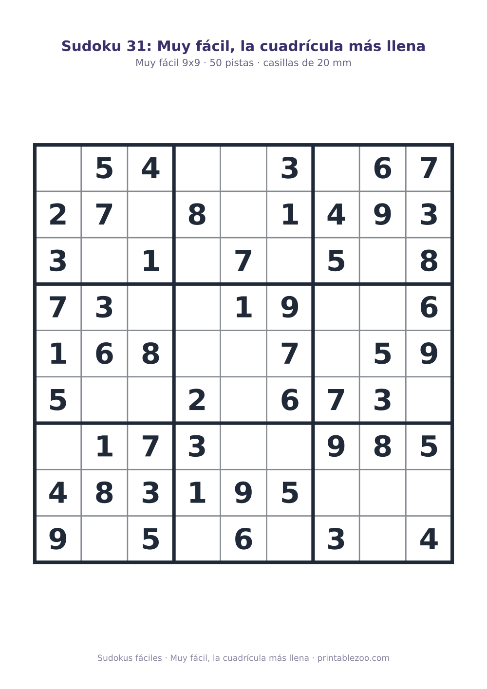 Sudoku fácil de 9x9 para imprimir con 50 pistas, muy fácil, la cuadrícula más llena