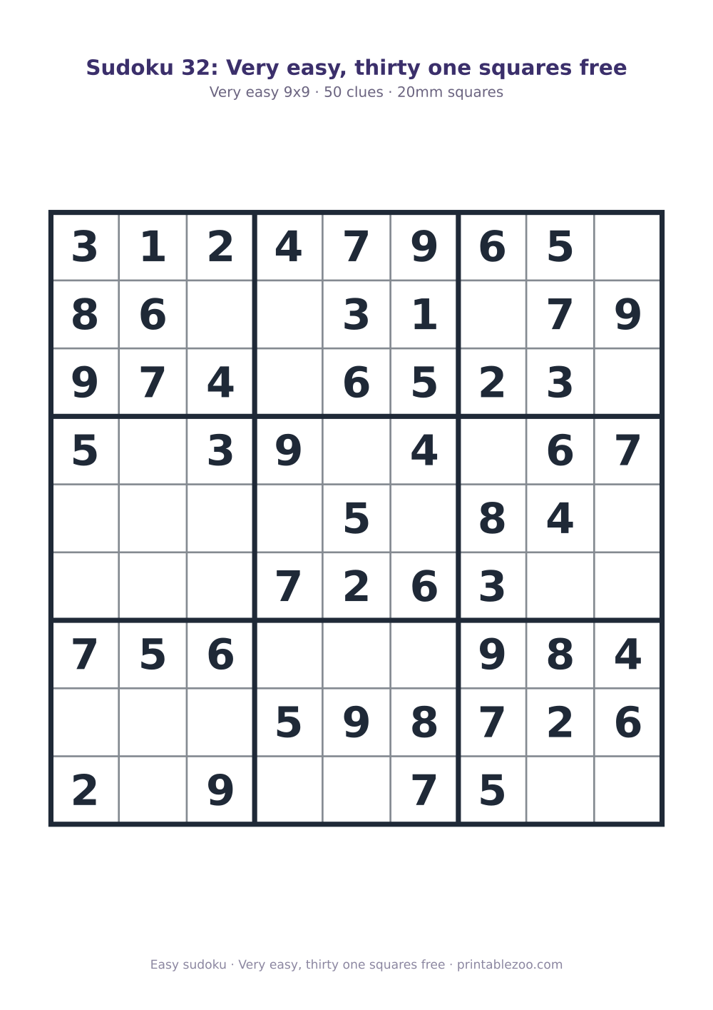Printable easy 9x9 sudoku with 50 clues, very easy, thirty one squares free