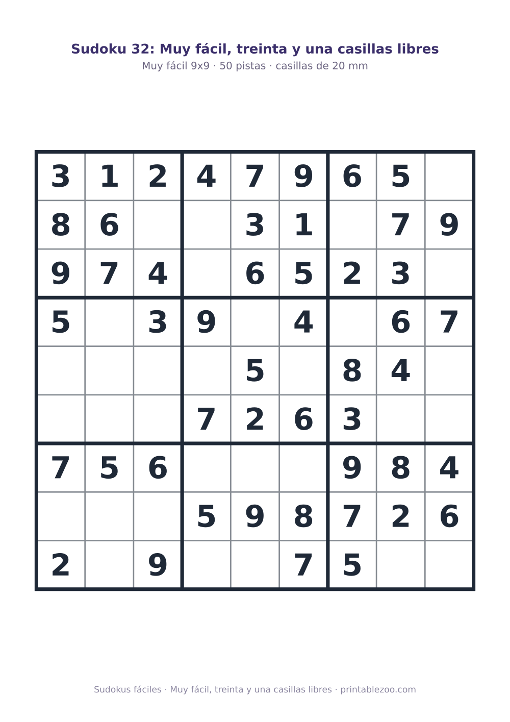 Sudoku fácil de 9x9 para imprimir con 50 pistas, muy fácil, treinta y una casillas libres