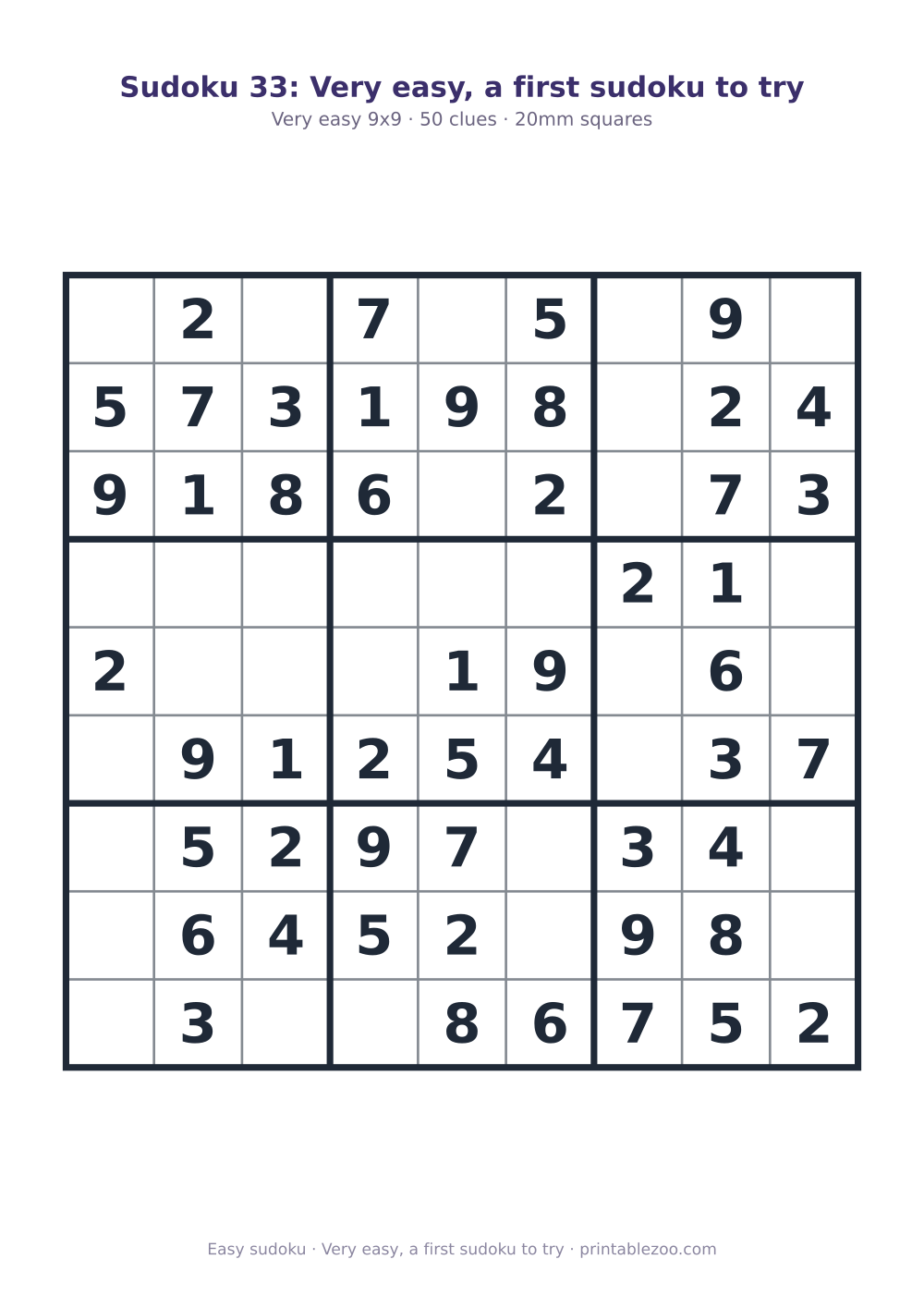Printable easy 9x9 sudoku with 50 clues, very easy, a first sudoku to try