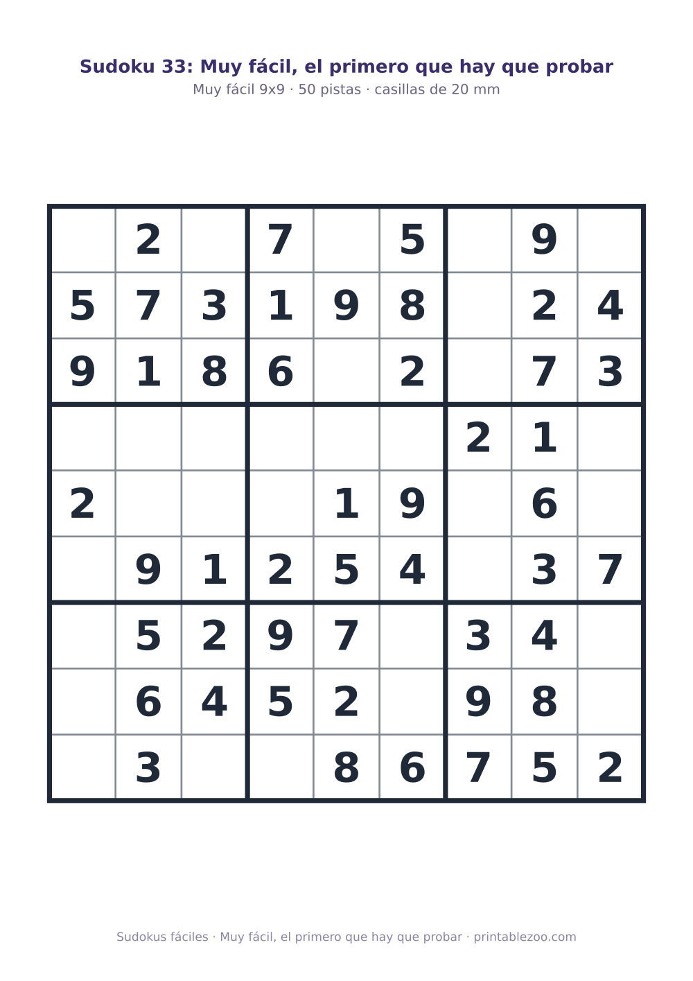 Sudoku fácil de 9x9 para imprimir con 50 pistas, muy fácil, el primero que hay que probar