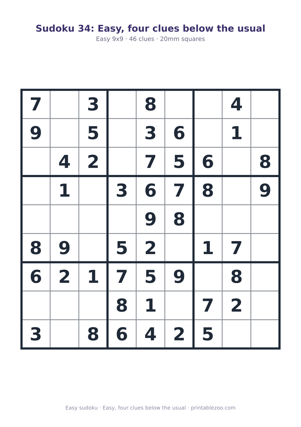 Printable easy 9x9 sudoku with 46 clues, easy, four clues below the usual