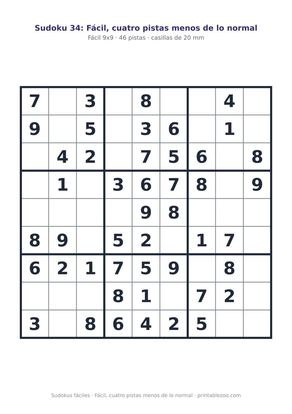 Sudoku fácil de 9x9 para imprimir con 46 pistas, fácil, cuatro pistas menos de lo normal