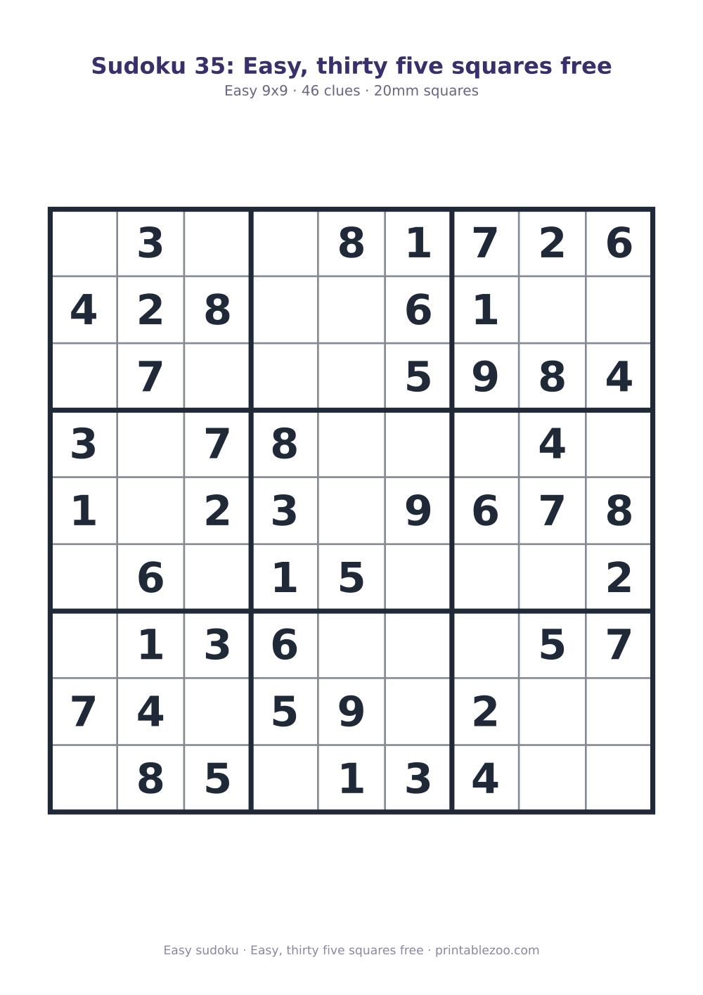 Printable easy 9x9 sudoku with 46 clues, easy, thirty five squares free
