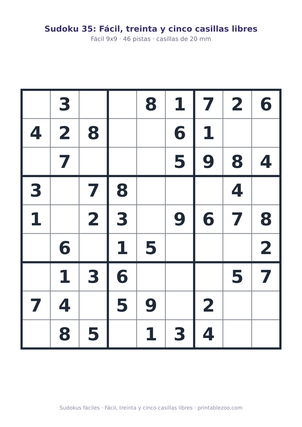 Sudoku fácil de 9x9 para imprimir con 46 pistas, fácil, treinta y cinco casillas libres