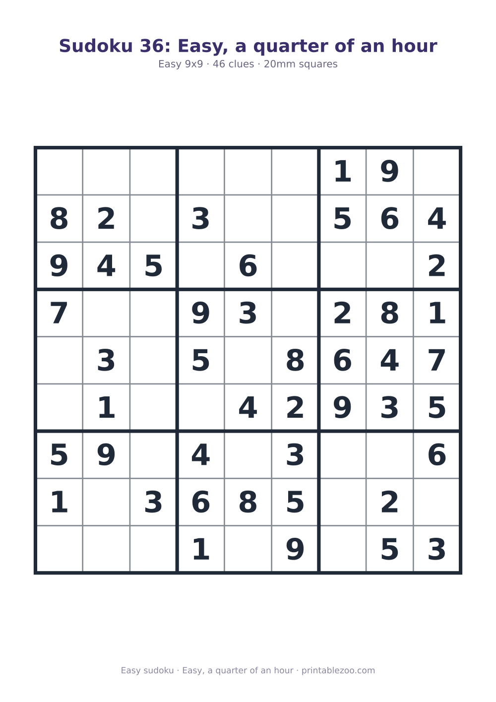 Printable easy 9x9 sudoku with 46 clues, easy, a quarter of an hour