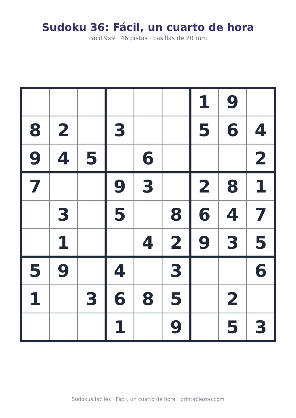 Sudoku fácil de 9x9 para imprimir con 46 pistas, fácil, un cuarto de hora