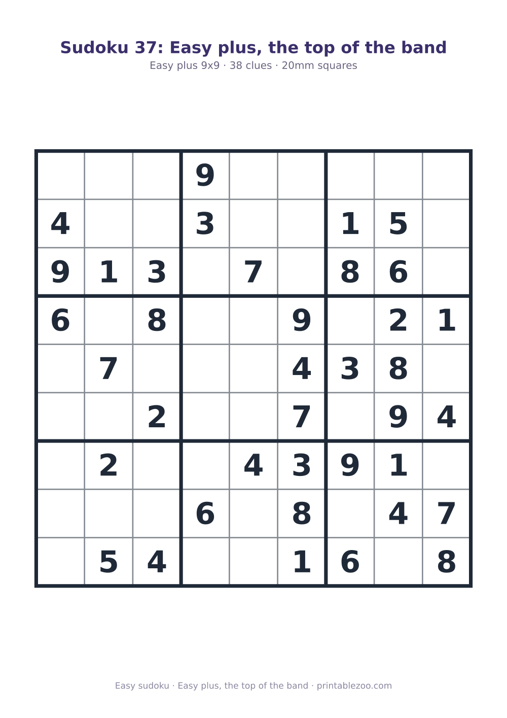 Printable easy 9x9 sudoku with 38 clues, easy plus, the top of the band