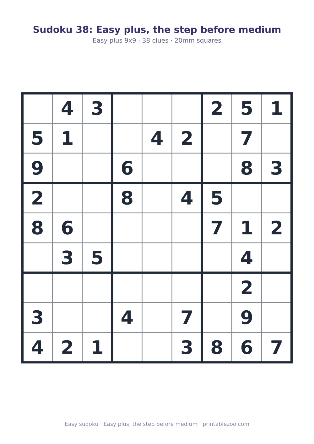 Printable easy 9x9 sudoku with 38 clues, easy plus, the step before medium