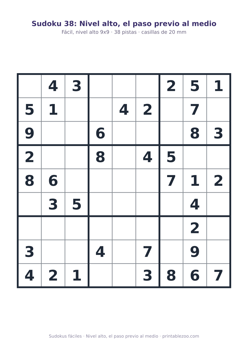 Sudoku fácil de 9x9 para imprimir con 38 pistas, nivel alto, el paso previo al medio