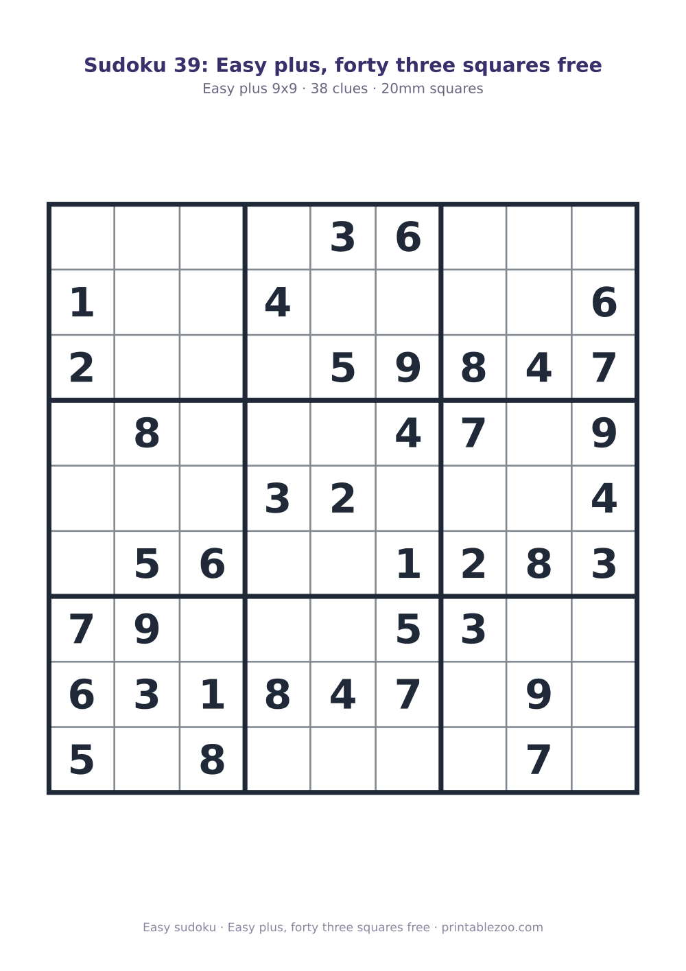 Printable easy 9x9 sudoku with 38 clues, easy plus, forty three squares free