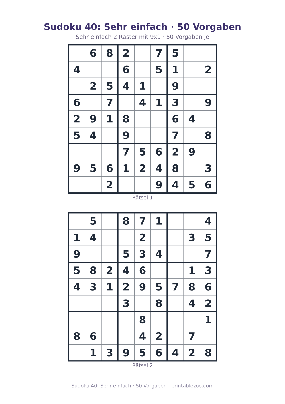 Sudoku 40: Sehr einfach · 50 Vorgaben als druckfertige Vorschau, Katalognummer 240110