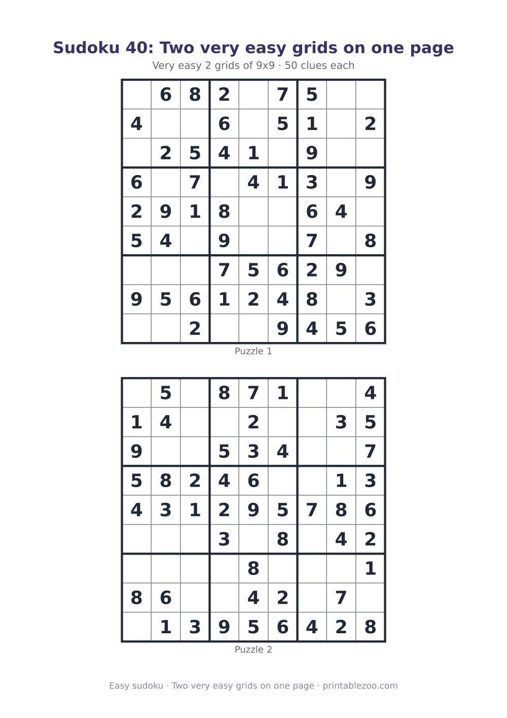 Printable sheet of 2 easy 9x9 sudoku puzzles with 50 clues, two very easy grids on one page
