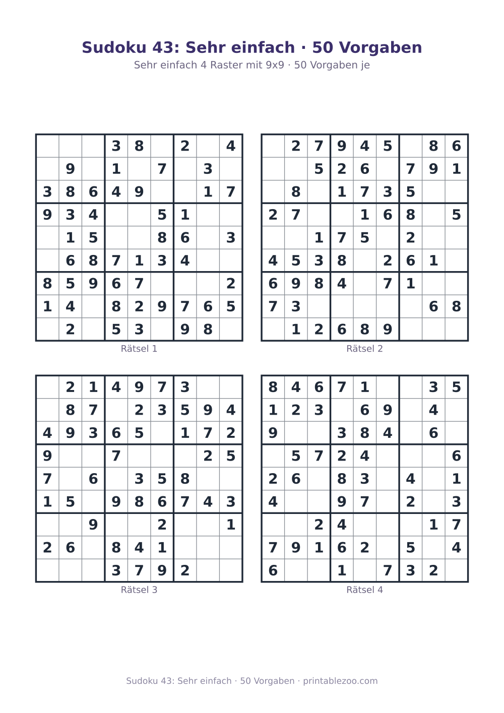 Sudoku 43: Sehr einfach · 50 Vorgaben als druckfertige Vorschau, Katalognummer 240113