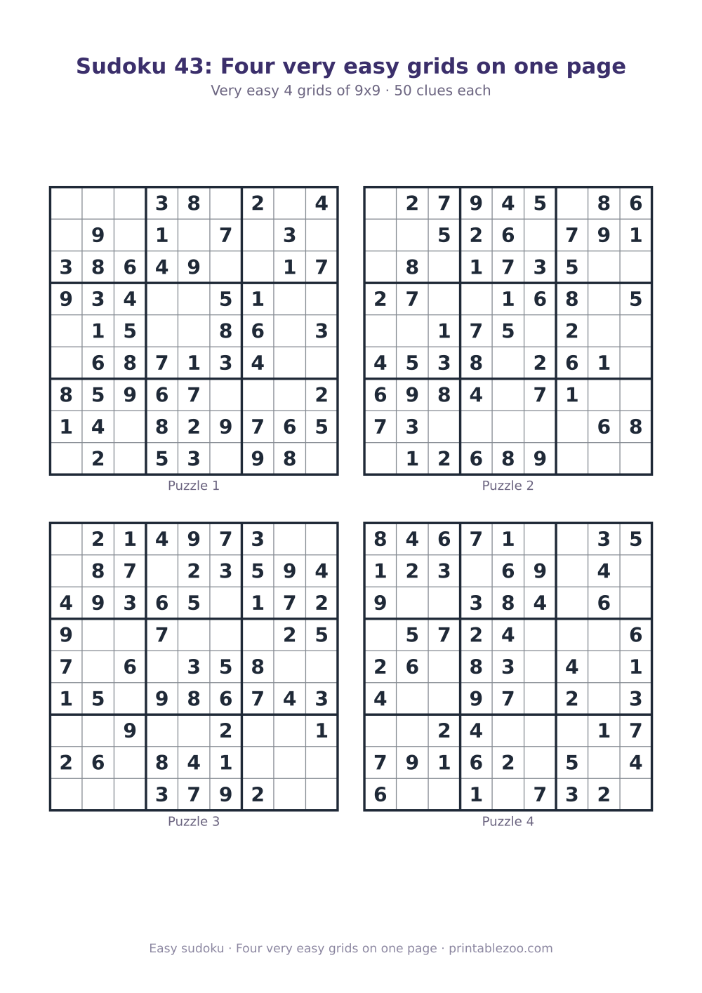 Printable sheet of 4 easy 9x9 sudoku puzzles with 50 clues, four very easy grids on one page