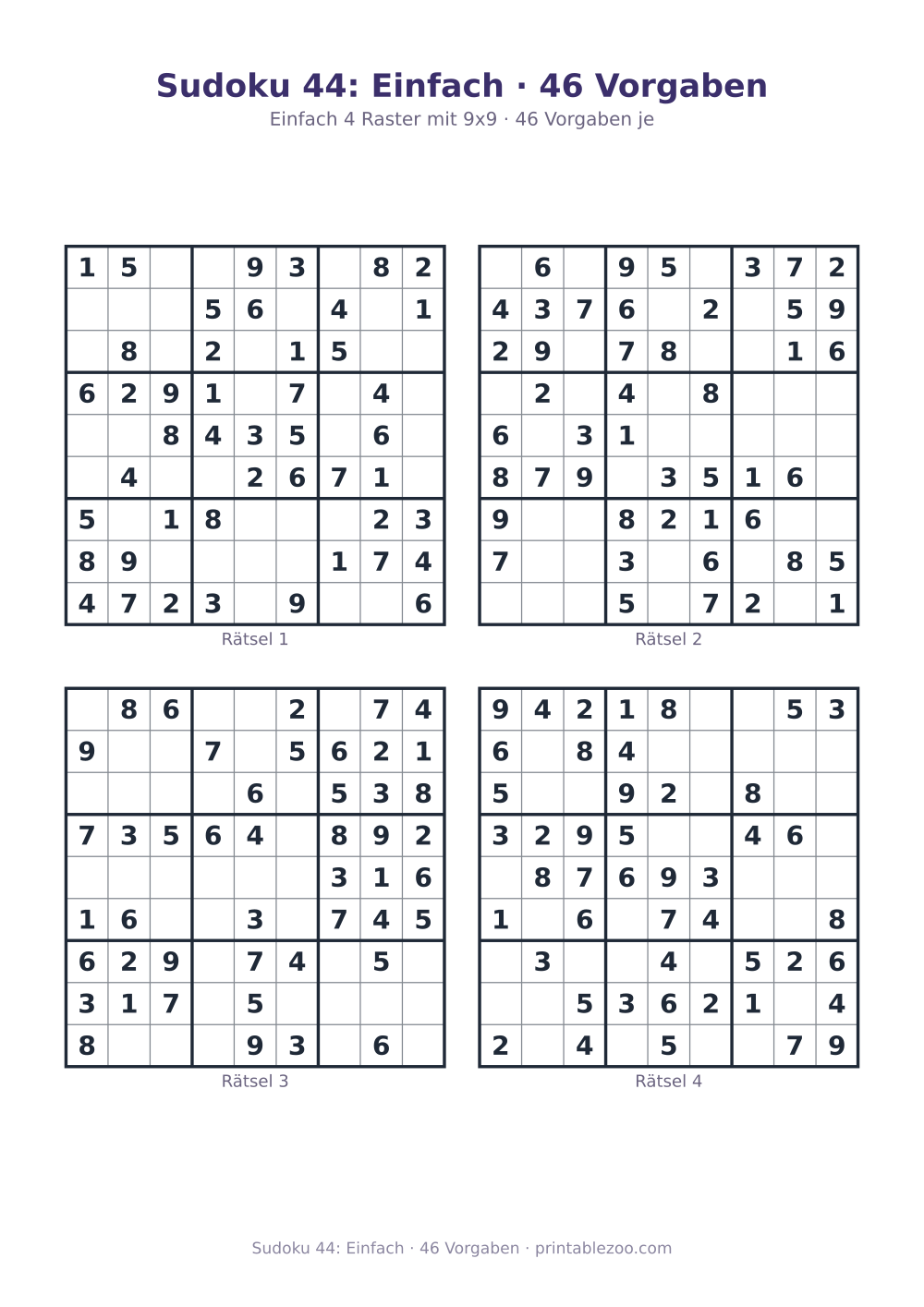 Sudoku 44: Einfach · 46 Vorgaben als druckfertige Vorschau, Katalognummer 240114