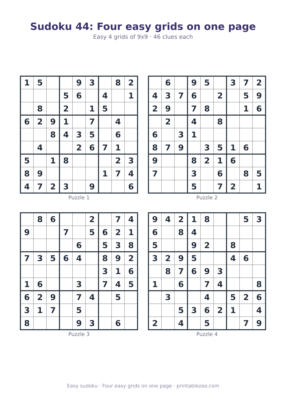 Printable sheet of 4 easy 9x9 sudoku puzzles with 46 clues, four easy grids on one page