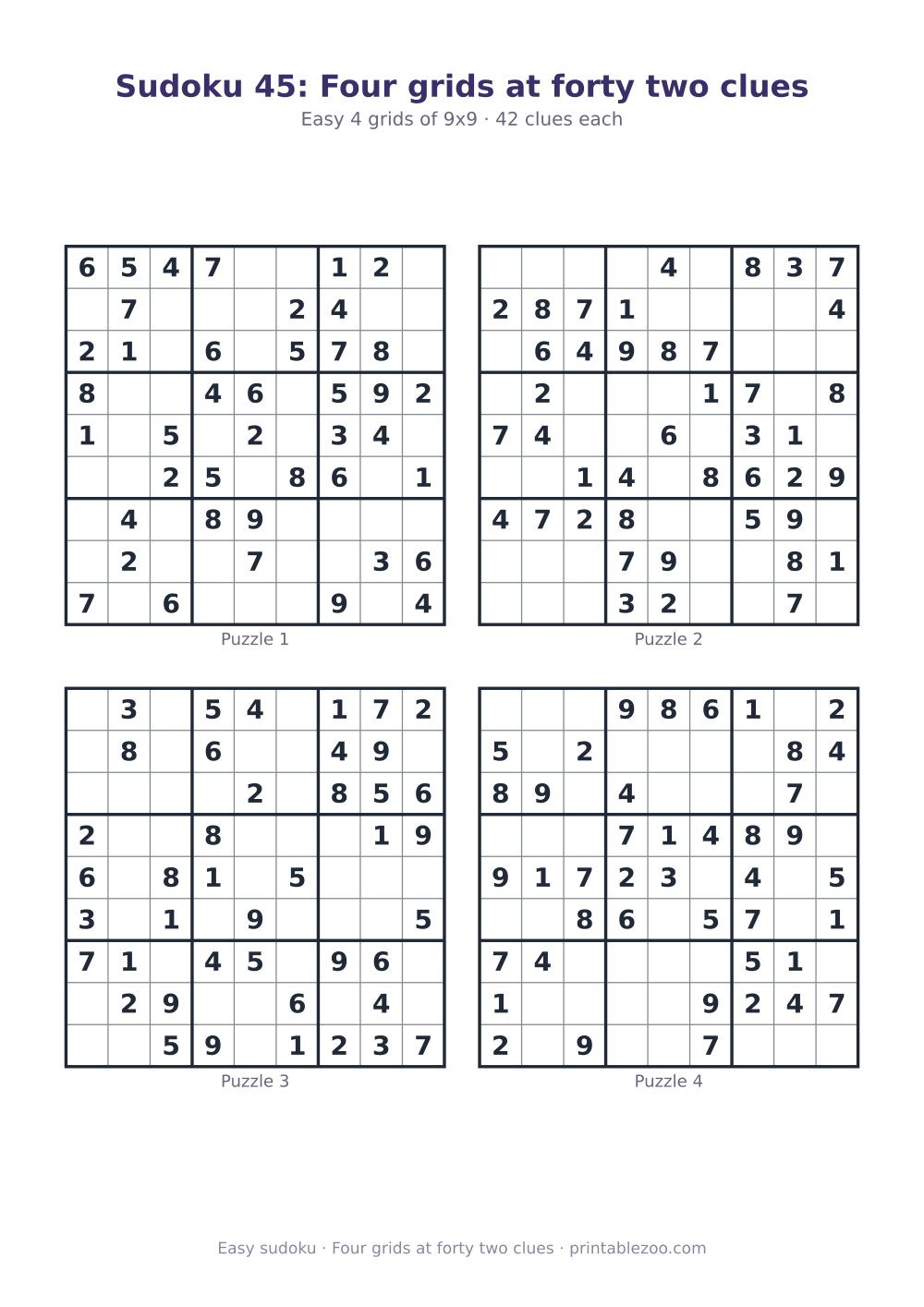 Printable sheet of 4 easy 9x9 sudoku puzzles with 42 clues, four grids at forty two clues