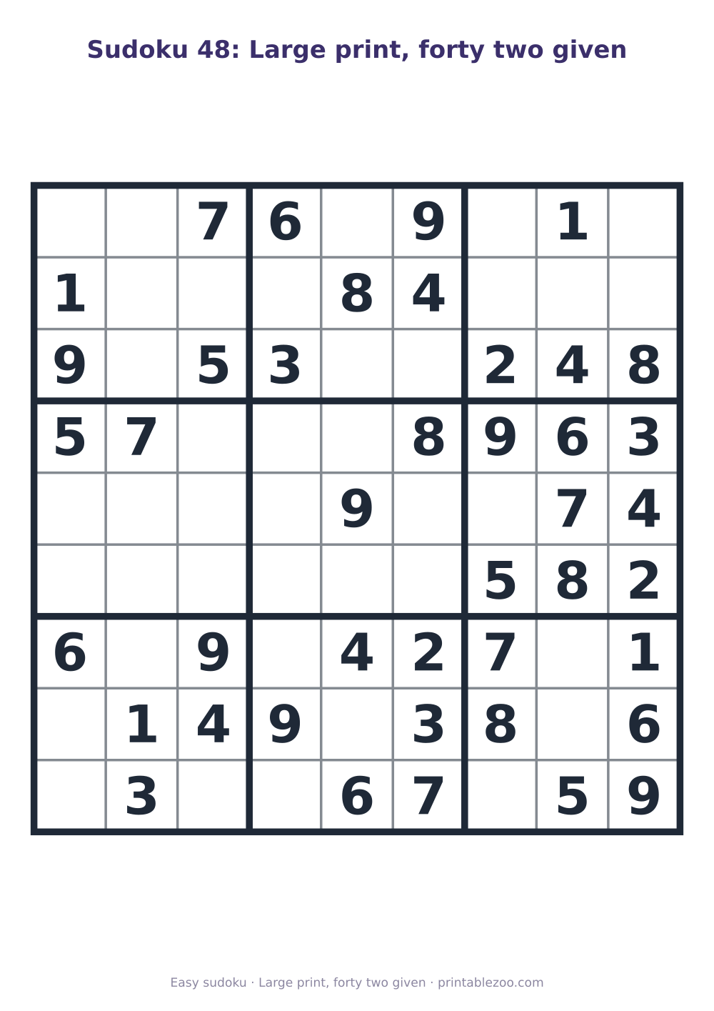 Printable easy 9x9 sudoku in large print with 42 clues, large print, forty two given