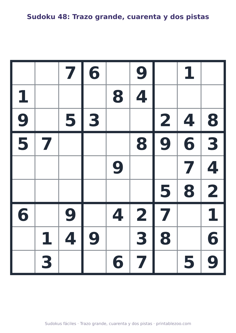 Sudoku fácil de 9x9 para imprimir en letra grande, con 42 pistas, trazo grande, cuarenta y dos pistas