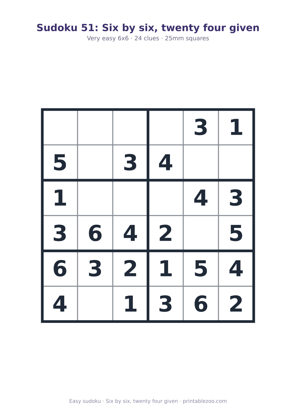 Printable easy 6x6 sudoku with 24 clues, six by six, twenty four given