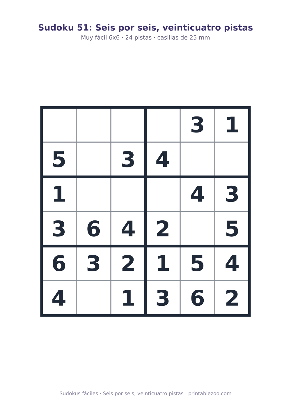Sudoku fácil de 6x6 para imprimir con 24 pistas, seis por seis, veinticuatro pistas