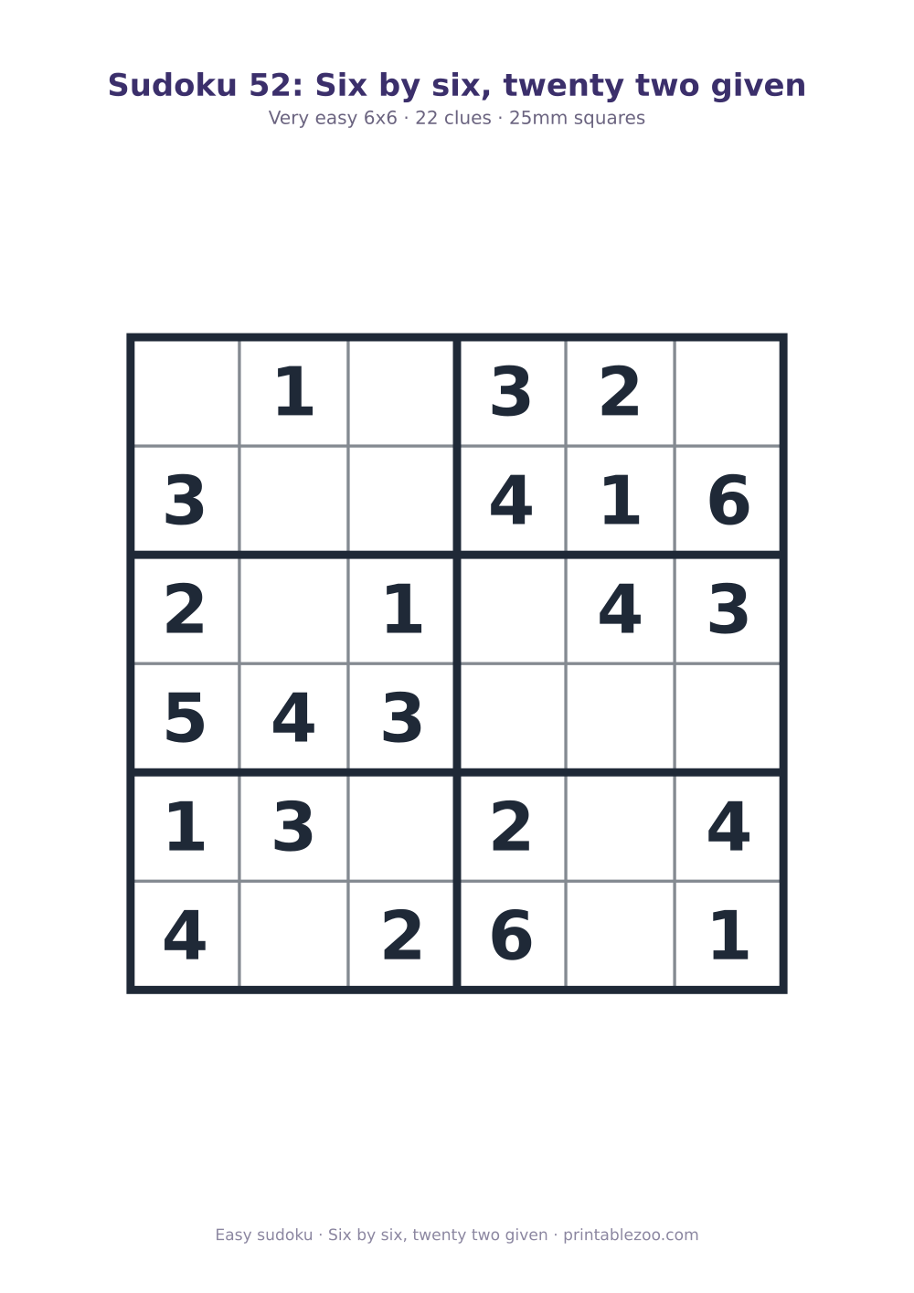 Printable easy 6x6 sudoku with 22 clues, six by six, twenty two given