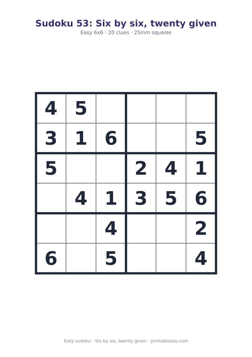 Printable easy 6x6 sudoku with 20 clues, six by six, twenty given